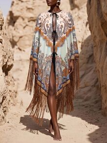Zivah New Elegant Women's Oversized Multi-Color Printed Shawl Collar Kimono Cover Up With Tassels, Versatile For Beach, Vacation, Commute And Multiple Occasions - Multicolor - View 4
