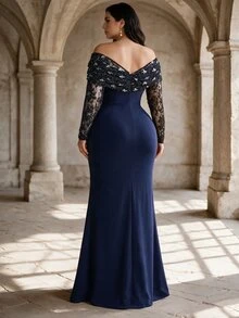 Coutiva Plus Size Women's Lace Patchwork Elegant Waist-Cinching Formal Evening Gown Dress - Navy Blue - View 6