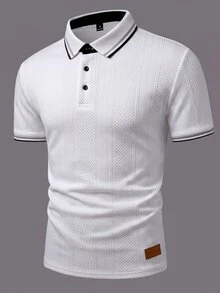 Manfinity Homme 男士針織紋理對比飾邊平領與袖口 3D 提花 POLO 衫，極簡白色皮革貼片裝飾，商務休閒通勤短袖上衣，適合年輕與中年男性 - 白色 - 查看 8