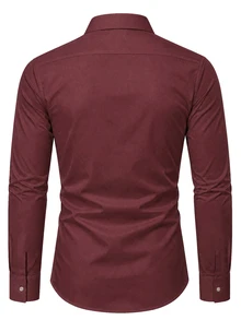 Manfinity Bizformal 男士長袖襯衫，翻領設計，酒紅色門襟細節，休閒日常穿著 - 酒紅色 - 查看 2