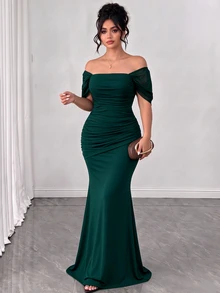 Elenzga Plus Size Women's Solid Color Elegant Draped Waist Floor Length Maxi Dress - Green - View 3