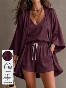 Solivie 3 Pieces Linen Women's Solid Color Camisole Top, Shorts And Robe Casual Everyday Set - Burgundy - View 1