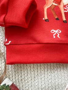 SHEIN Playful Pals 女嬰聖誕兩件套休閒套裝，可愛卡通馴鹿圖案紅色運動衫搭配聖誕樹印花長褲，節日休閒套裝 - 紅色 - 查看 9