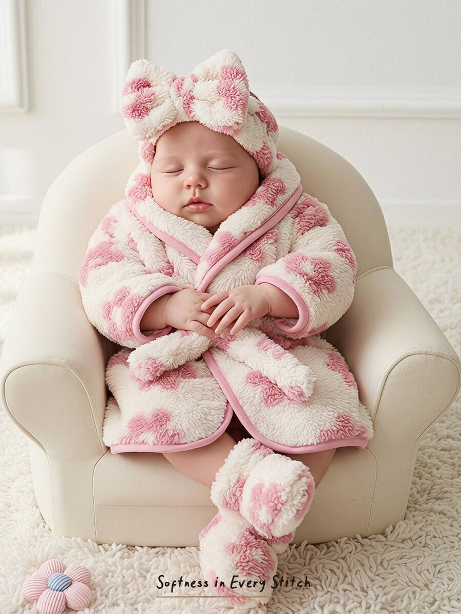 Cozy Pixies 新生兒嬰兒休閒日常舒適長袖粉色花卉圖案絨毛晨袍居家服 - 粉色 - 查看 1