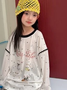 Dazy Kids Tween Girl Letter & Polka Dot Print Drop Shoulder Long Sleeve Casual T-Shirt - White - View 8