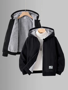 SHEIN 男孩大號黑色夾克，灰色抓絨內裡，舒適簡約休閒百搭，適合外出，適合秋冬穿著 - 黑色 - 查看 3