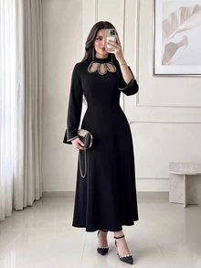 Feyla Women's Rhinestone Decorated Cut-Out Design Long Sleeve Elegant Dress - Black - View 4