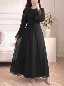 Celisse Women's Black Chiffon Asymmetrical Patchwork Muslim Dress, Elegant Commuter Style For Spring And Autumn - Black - View 1