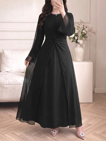 Celisse Women's Black Chiffon Asymmetrical Patchwork Muslim Dress, Elegant Commuter Style For Spring And Autumn