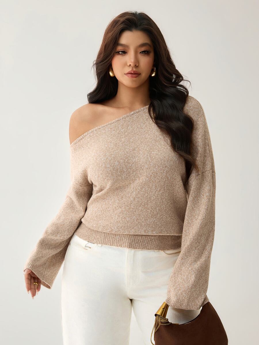 Auralis Plus Size Women Solid Color Asymmetrical Shoulder Drop Shoulder Long Sleeve Fashion Pullover Sweater/One-Shoulder Sweater / Stylish And Comfortable - Khaki - View 1