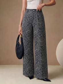 Anewsta Modern Design Digital Print Casual Gray Blue Long Pants Women Spring Autumn New High Waist Loose Slimming Versatile Straight Leg - Dusty Blue - View 4