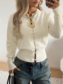 SHEIN EZwear Autumn/Winter High-Quality Knitted Cardigan With Frog Buttons - White - View 1