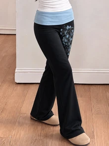 Tween Girl Street Style Floral Print Colorblock Long Pants - Multicolor - View 4