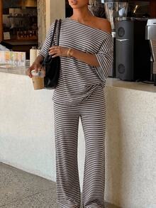 Siren Gaze Women's Striped Cold Shoulder Drop Sleeve T-Shirt And Long Pants Casual Set - Multicolor - View 8
