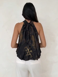 Aloruh Boho Vacation Sexy Hot Girl Halter Neck Chiffon Leopard Print Women's Top - Brown - View 2