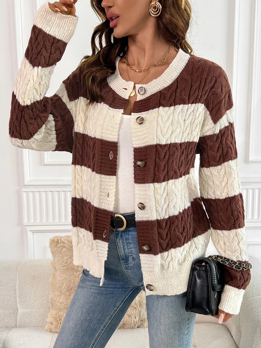 Ellevyn Women's Colorblock Casual Daily Cardigan - Brown - View 1