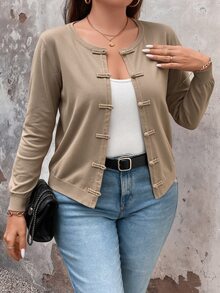 SHEIN LUNE CURVE 大尺碼女款純色休閒百搭日常開襟衫 - 駝色 - 查看 1