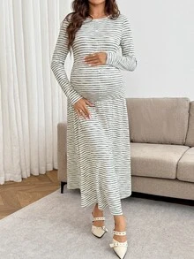 SHEIN Maternity Striped Round Neck Long Sleeve Ruffle Hem Elegant Dress - Multicolor - View 4
