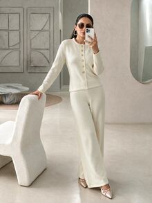 Rue Lumi Knitted Round Neck Commuter Wide Leg Pants Set Women Solid Color Top 2 Pieces Set - Beige - View 1