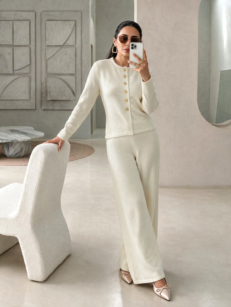 Rue Lumi Knitted Round Neck Commuter Wide Leg Pants Set Women Solid Color Top 2 Pieces Set - Beige - View 1