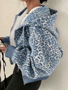 SHEIN x Carly Lawrence INAWLY 女款豹紋長袖拉鍊抽繩運動衫 - 藍色 - 查看 3