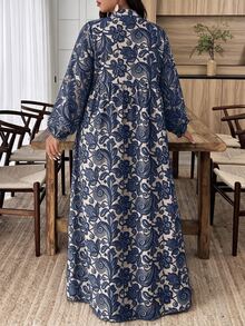 Weeklong Plus Size Olive Green Print V-Neck Button Tiered Maxi Dress, Boho Style For Vacation & Daily Wear - Multicolor - View 2