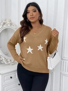 SHEIN LUNE Áo len chui đầu dệt jacquard phối màu tương phản phong cách tối giản mặc hàng ngày size lớn - Lạc đà - Xem 4