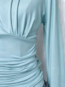 Elamini Autumn Fashion Solid Color Bell Sleeve Ruched Waist T-Shirt - Mint Blue - View 3