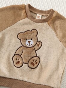 Cozy Pixies 男嬰卡通動物圖案抓絨內裡加厚圓領長袖套頭運動衫與鬆緊腰長褲2件套，舒適親膚百搭時尚簡約風格，適合室內、戶外、日常、運動、玩耍、派對、攝影、假期、聖誕節，小熊造型男嬰套裝 - 卡其色 - 查看 4