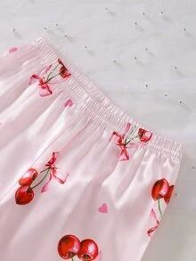 女童甜美可愛優雅休閒日常極簡時尚親膚柔軟仿絲緞面織物夢幻粉色蝴蝶結櫻桃水果卡通印花前開襟長袖上衣與長褲睡衣家居服2件套 - 彩色 - 查看 7