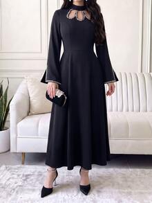 Feyla Women's Rhinestone Decorated Cut-Out Design Long Sleeve Elegant Dress - Black - View 6