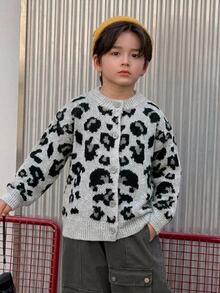 DAZY Young Boy Autumn/Winter Leopard Print Long Sleeve Knitted Cardigan - Dark Grey - View 5