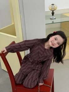 DAZY Young Girl Striped Button Long Sleeve Shirt And Loose Pants Set - Brown - View 6