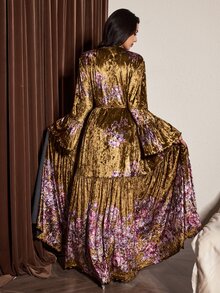 Slumberist Vintage Floral Print Velvet Long Sexy Women's Robe, V-Neck, Ruffle Bell Sleeves, Cinched Waist, Draped Patchwork Full Skirt - Brown - View 2