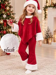 SHEIN Playful Pals 2件組女童披肩上衣與喇叭褲套裝，可愛紅白色不對稱設計，毛絨飾邊，長袖圓領，常規版型，適合聖誕派對、秋季公主風舒適穿搭 - 紅色 - 查看 1
