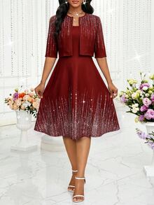 SHEIN Lady 女款黑色金亮片閃亮夾克洋裝優雅套裝 2 件組 亮片派對晚宴雞尾酒會正式婚禮賓客外出晚餐秋季 - 酒紅色 - 查看 5