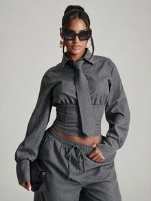 NYA SZN Matching Set Shirt & Pant Capri Cropped Short Pinstripe Long Sleeve Tie Collared Button Up Office Siren Gyaru Modest Church Unique Chic Fall Winter - Black and White - View 3