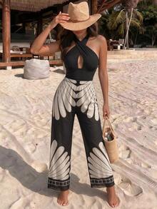 Swim Oasis Fashion New Solid Color Hollow Cross Halter Neck One Piece Swimsuit For Women With Printed Cover-Up Beach Set - Multicolor - View 8