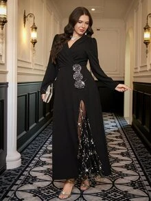 Reflora Plus Size Autumn/Winter Party Banquet Sequin 3D Floral Decor Dress - Black - View 5