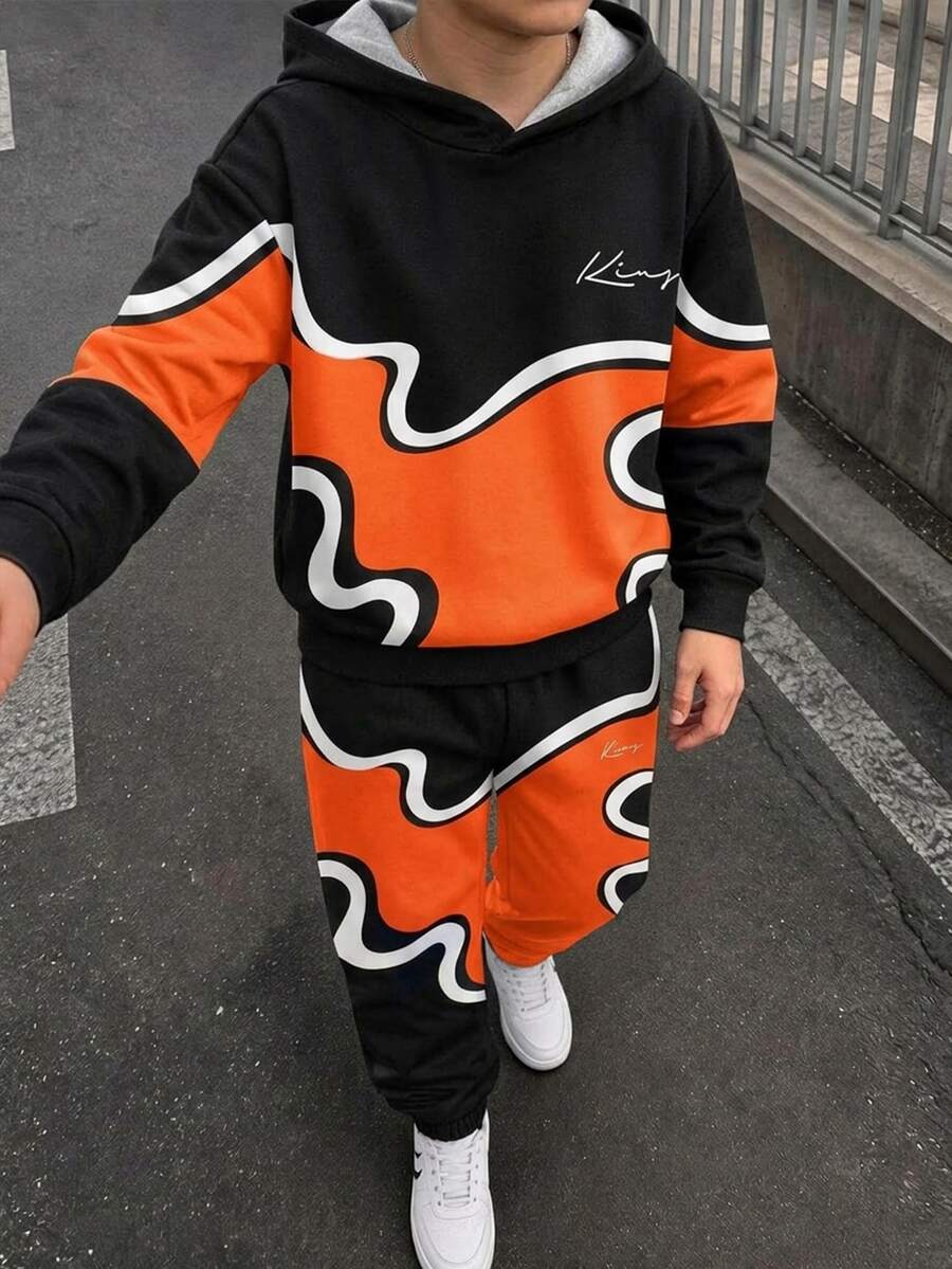 兒童 2 件組 青少年男孩休閒牛紋連帽衛衣與運動長褲,適合秋季返校季 - 彩色 - 查看 1