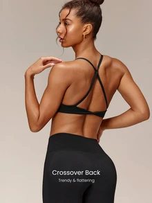 GLOWMODE Seamless Twist Of Summer Sports Bra With Twist Cross-Back Design & Removable Cups Low Impact Yoga Pilates Barre Lagree Studio Active Wear - Black - View 2