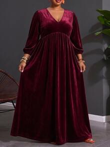 SHEIN CURVE+ Plus Size Elegant Gentle Velvet Pleated Dress - Burgundy - View 6