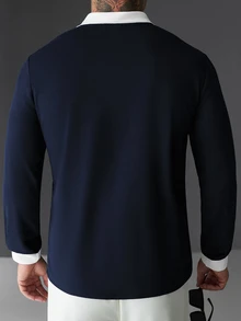 SLATEMANN Men's Colorblock Long Sleeve Casual Commute Polo Shirt - Navy Blue - View 2