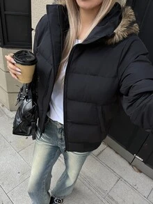 DAZY Women's Plush Patchwork Casual Versatile Winter Padded Coat - Black - View 5