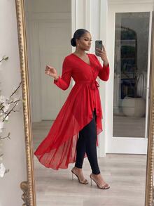 SHEIN Lady CURVE 大尺碼女款純色長袖高低下擺時尚襯衫，適合辦公、晚餐、晚宴，黑色，秋季優雅款 - 紅色 - 查看 6