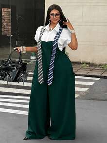 Maweii Plus Size Fashion Commuter Striped Suspender Jumpsuit Fall - Dark Green - View 5