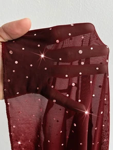 Viva Relle 大尺碼女款水鑽網紗喇叭袖洋裝與細肩帶洋裝性感兩件套 秋季 - 紅色 - 查看 7