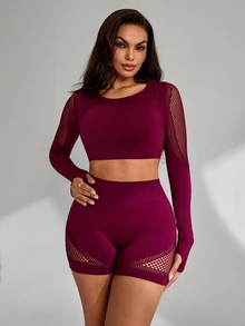 Slayform Setelan Olahraga Wanita Tanpa Jahitan Seksi Berbahan Jala, Atasan Lengan Panjang dan Celana Pendek Tanpa Punggung, Cocok untuk Lari, Olahraga, dan Yoga - Red Violet - View 4