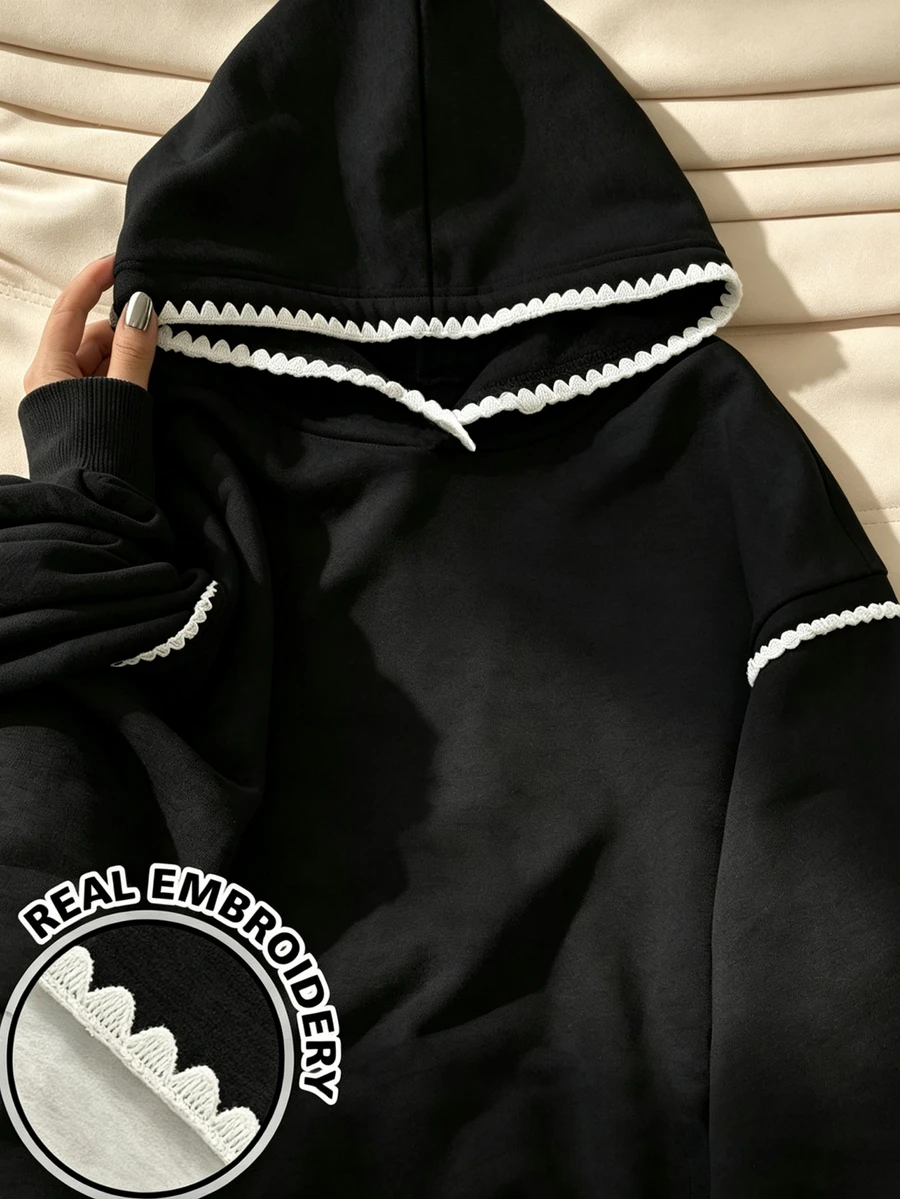 SHEIN 女童白色與黑色連帽衛衣,波浪邊飾,秋季服飾,寬鬆落肩長袖套頭衛衣,校園休閒,日常穿搭 - 黑色 - 查看 1