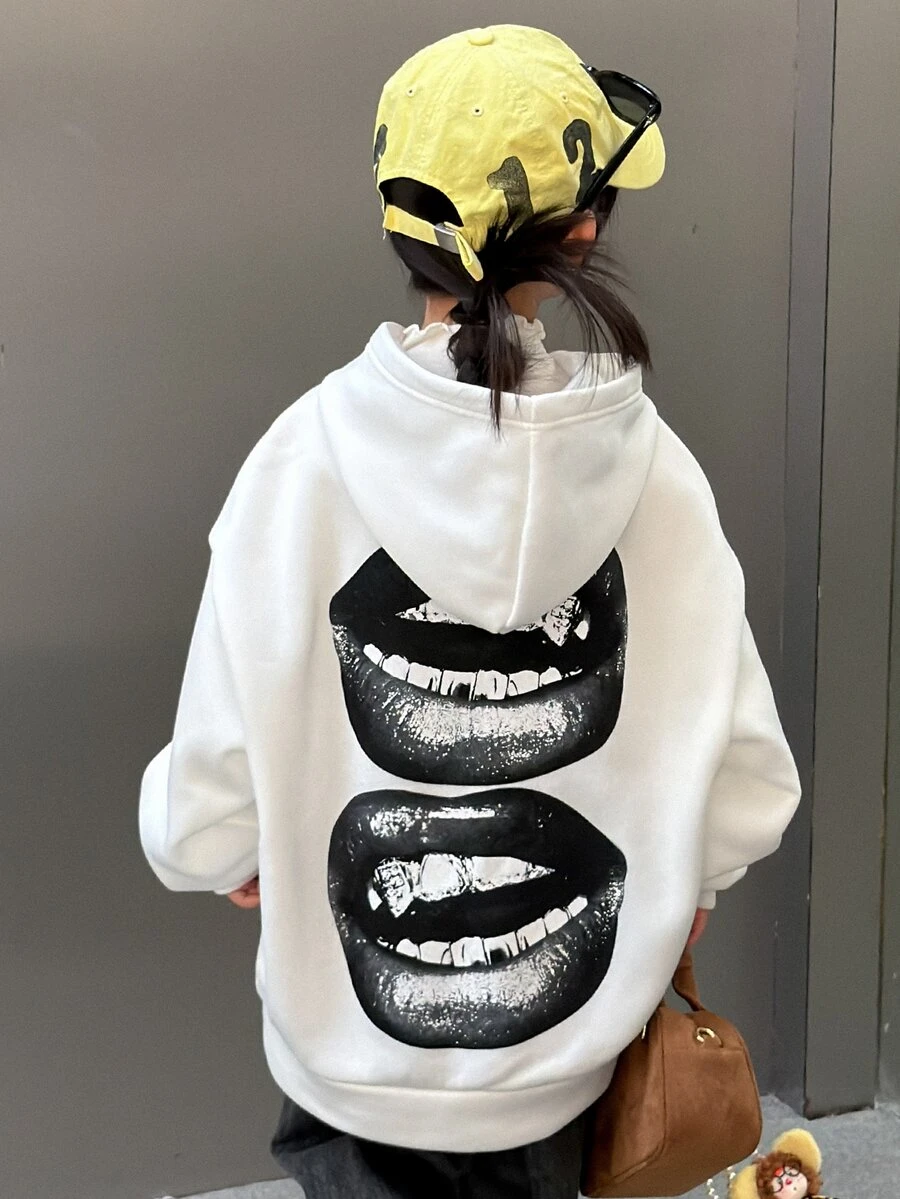 Dazy Kids Tween Girl Hip Hop Back Lip Graphic Print Sweatshirt - White - View 1
